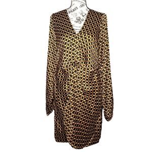 Mink Pink LARGE Gold Patterned Front Bunch Snap V Neck Valentina Mini Dress